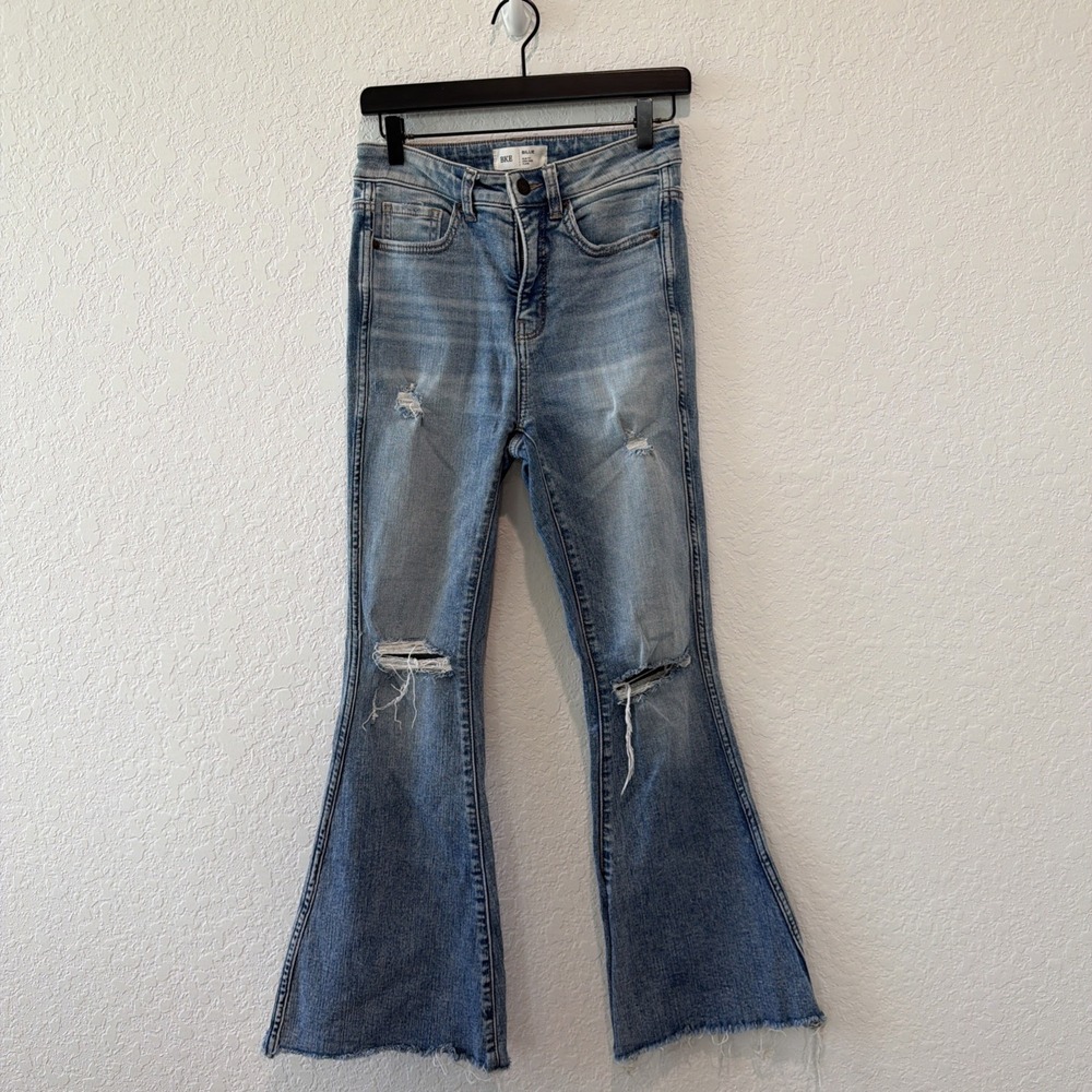 BKE Billie Slim Fit High Rise Frayed Flare Distressed Jeans Size 27 x 29.5